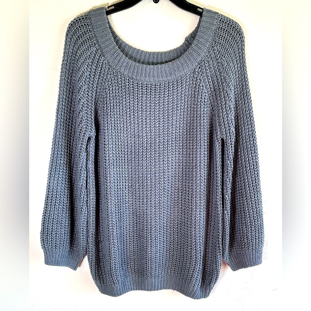 She + Sky Cozy Gray Knit Scoop Neck Sweater with Bell Sleeves Sz M